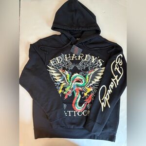 Ed Hardy Dragon Tattooing Men’s Fleece Hoodie Sweatshirt Black Y2K Large